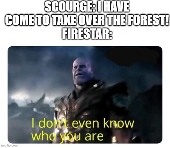 I don't even know who you are | SCOURGE: I HAVE COME TO TAKE OVER THE FOREST!
FIRESTAR: | image tagged in thanos i don't even know who you are,warrior cats | made w/ Imgflip meme maker
