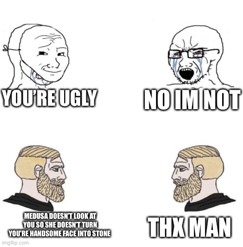 Chad we know | YOU’RE UGLY; NO IM NOT; MEDUSA DOESN’T LOOK AT YOU SO SHE DOESN’T TURN YOU'RE HANDSOME FACE INTO STONE; THX MAN | image tagged in chad we know | made w/ Imgflip meme maker