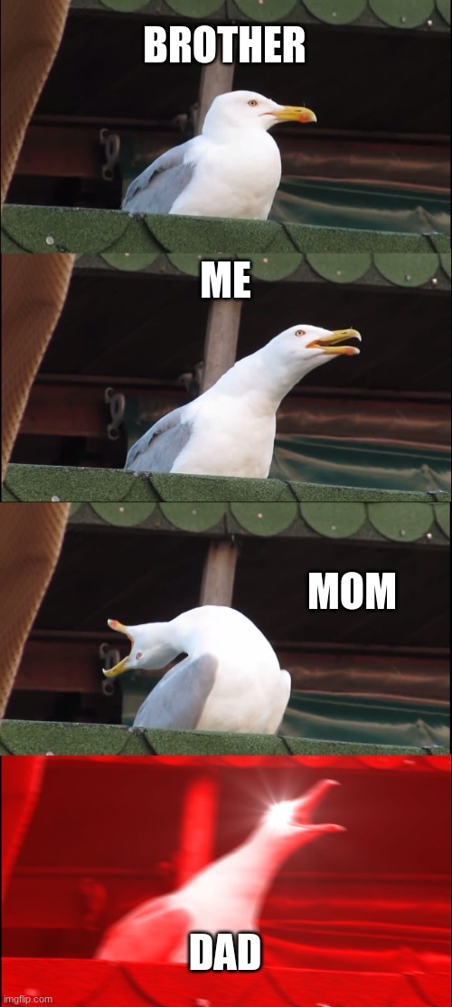 Inhaling Seagull Meme | BROTHER; ME; MOM; DAD | image tagged in memes,inhaling seagull | made w/ Imgflip meme maker