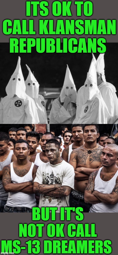 the rules are confusing | ITS OK TO CALL KLANSMAN REPUBLICANS; BUT IT'S NOT OK CALL MS-13 DREAMERS | image tagged in ku klux klan,ms-13 dreamers daca | made w/ Imgflip meme maker