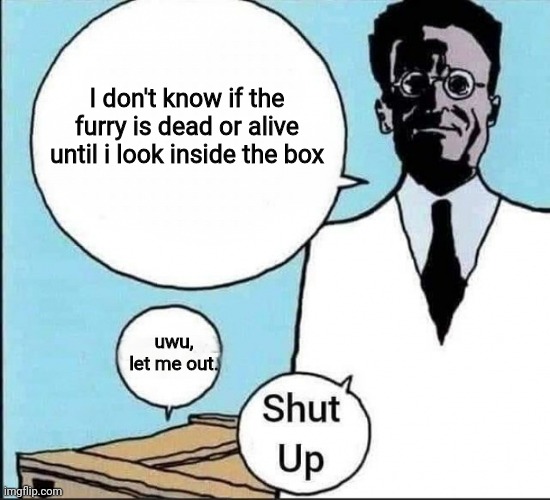 Schrödinger's cat | I don't know if the furry is dead or alive until i look inside the box; uwu, let me out. | image tagged in schr dinger's cat | made w/ Imgflip meme maker