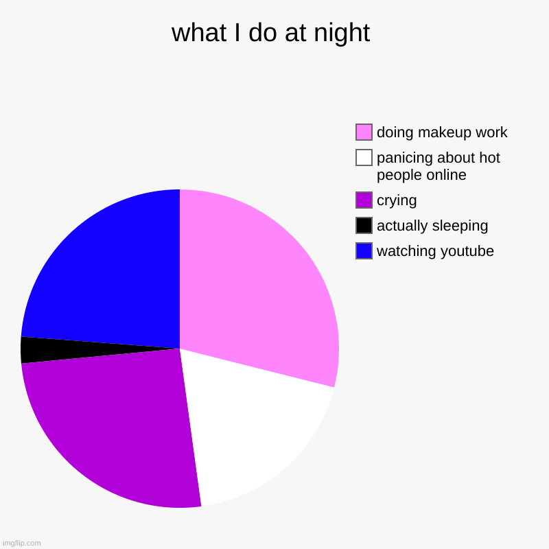what I do at night | watching youtube, actually sleeping, crying, panicing about hot people online, doing makeup work | image tagged in charts,pie charts | made w/ Imgflip chart maker