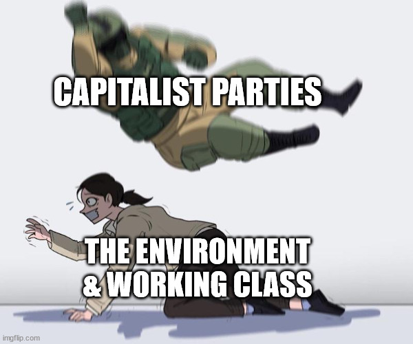 And that's why I vote Green Party | CAPITALIST PARTIES; THE ENVIRONMENT & WORKING CLASS | image tagged in fuze elbow dropping a hostage,capitalism,democrats,republicans,libertarians | made w/ Imgflip meme maker