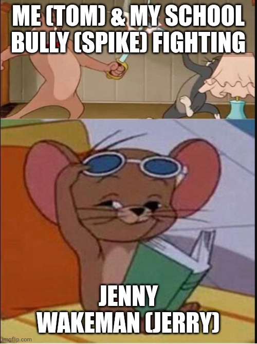 Tom and Spike fighting | ME (TOM) & MY SCHOOL BULLY (SPIKE) FIGHTING; JENNY WAKEMAN (JERRY) | image tagged in tom and spike fighting | made w/ Imgflip meme maker