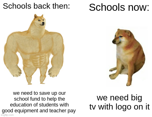 relatible? | Schools back then:; Schools now:; we need to save up our school fund to help the education of students with good equipment and teacher pay; we need big tv with logo on it | image tagged in memes,buff doge vs cheems | made w/ Imgflip meme maker