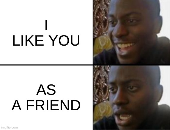 Well dang | I LIKE YOU; AS A FRIEND | image tagged in oh yeah oh no,i'm sorry what,rejected | made w/ Imgflip meme maker