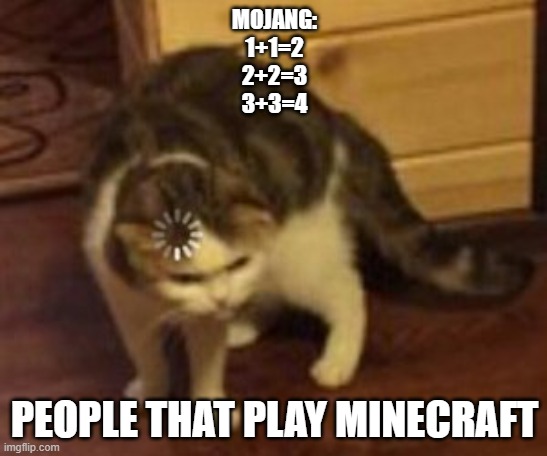 its true and we know it | MOJANG:
1+1=2
2+2=3
3+3=4; PEOPLE THAT PLAY MINECRAFT | image tagged in loading cat | made w/ Imgflip meme maker