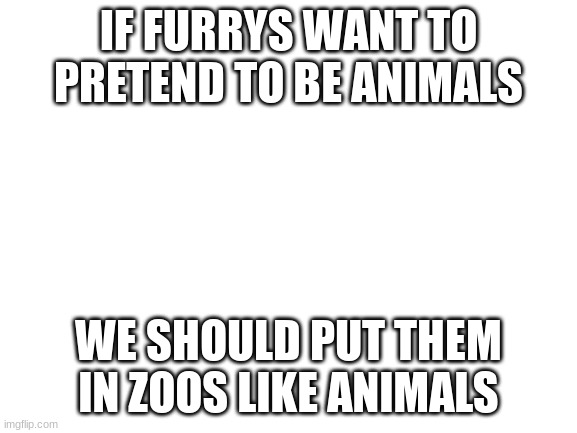 Blank White Template | IF FURRYS WANT TO PRETEND TO BE ANIMALS; WE SHOULD PUT THEM IN ZOOS LIKE ANIMALS | image tagged in blank white template | made w/ Imgflip meme maker