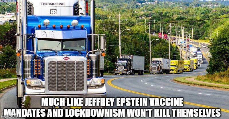 Truckstein | MUCH LIKE JEFFREY EPSTEIN VACCINE MANDATES AND LOCKDOWNISM WON'T KILL THEMSELVES | image tagged in trucker convoy,canada,covid-19,jeffrey epstein | made w/ Imgflip meme maker