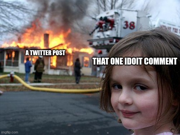 twitter be like | THAT ONE IDOIT COMMENT; A TWITTER POST | image tagged in memes,disaster girl | made w/ Imgflip meme maker