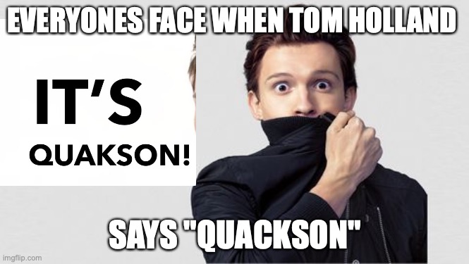 Quackson | EVERYONES FACE WHEN TOM HOLLAND; SAYS "QUACKSON" | image tagged in peter parker cry | made w/ Imgflip meme maker