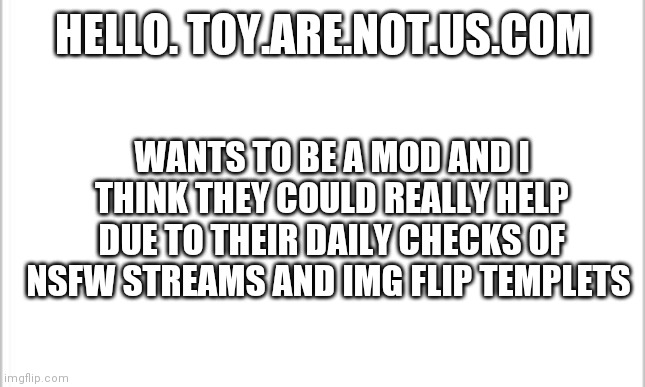 New mod? | WANTS TO BE A MOD AND I THINK THEY COULD REALLY HELP DUE TO THEIR DAILY CHECKS OF NSFW STREAMS AND IMG FLIP TEMPLETS; HELLO. TOY.ARE.NOT.US.COM | image tagged in under new management | made w/ Imgflip meme maker