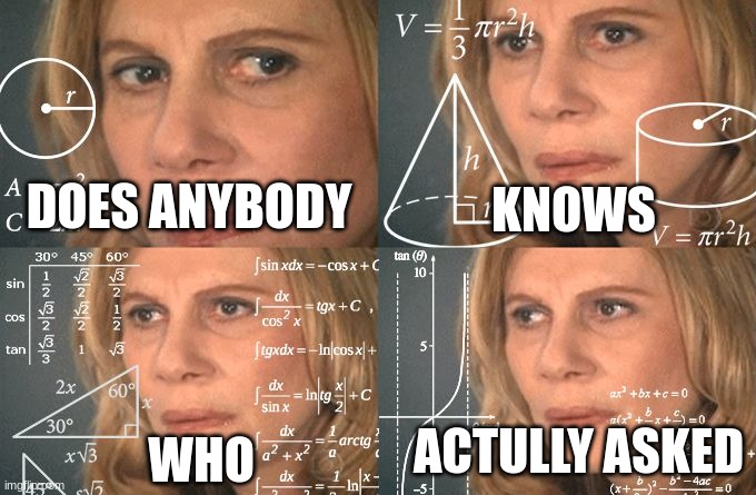 got to figure this out | KNOWS; DOES ANYBODY; ACTULLY ASKED; WHO | image tagged in calculating meme | made w/ Imgflip meme maker