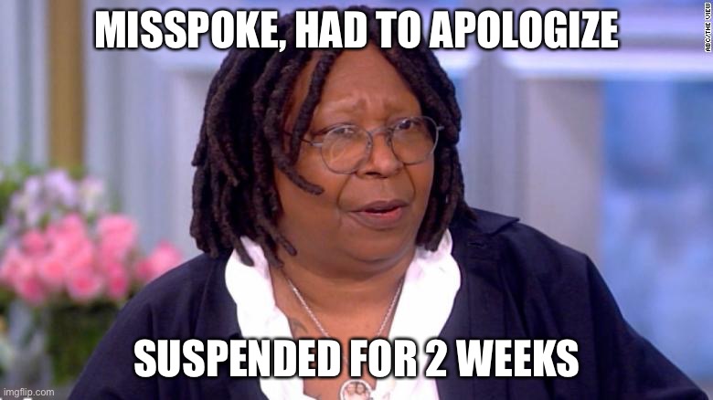 Whoopi Gets A Media Ass Whoopin’ | MISSPOKE, HAD TO APOLOGIZE; SUSPENDED FOR 2 WEEKS | image tagged in whoopi goldberg,political meme,whoopi suspended | made w/ Imgflip meme maker