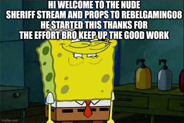 Don't You Squidward | HI WELCOME TO THE NUDE SHERIFF STREAM AND PROPS TO REBELGAMING08 HE STARTED THIS THANKS FOR THE EFFORT BRO KEEP UP THE GOOD WORK | image tagged in memes,don't you squidward | made w/ Imgflip meme maker