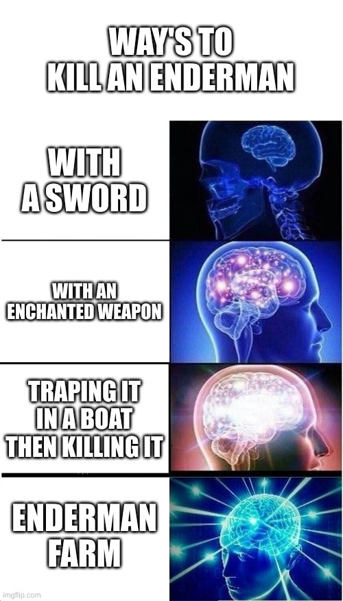 How to kill an enderman | WAY'S TO KILL AN ENDERMAN; WITH A SWORD; WITH AN ENCHANTED WEAPON; TRAPING IT IN A BOAT THEN KILLING IT; ENDERMAN FARM | image tagged in memes,expanding brain | made w/ Imgflip meme maker