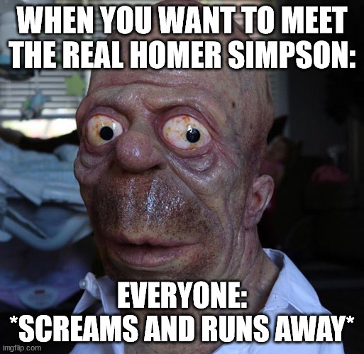 WHEN YOU WANT TO MEET THE REAL HOMER SIMPSON:; EVERYONE: *SCREAMS AND RUNS AWAY* | made w/ Imgflip meme maker