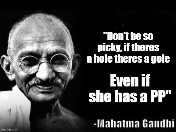 Master Ghandi |  "Don't be so picky, if theres a hole theres a gole; Even if she has a PP" | image tagged in mahatma gandhi rocks | made w/ Imgflip meme maker