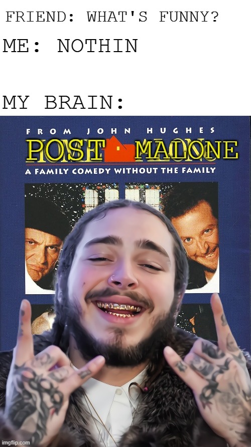 I made this lol | FRIEND: WHAT'S FUNNY? ME: NOTHIN; MY BRAIN: | image tagged in home alone,post malone | made w/ Imgflip meme maker