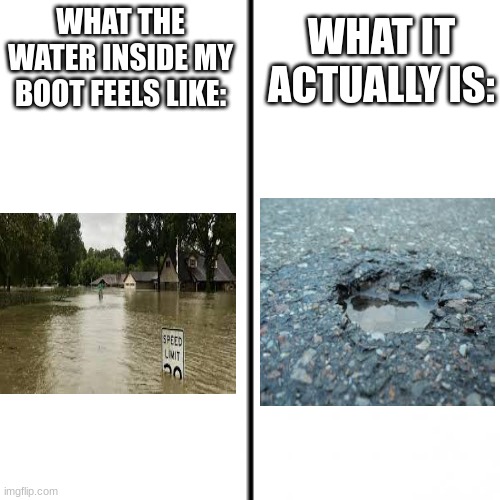 why does it feel like that? | WHAT IT ACTUALLY IS:; WHAT THE WATER INSIDE MY BOOT FEELS LIKE: | image tagged in t chart,memes | made w/ Imgflip meme maker