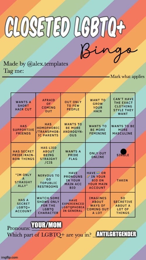 Closeted LGBTQ+ Bingo | YOUR/MOM; ANTILGBTGENDER | image tagged in closeted lgbtq bingo | made w/ Imgflip meme maker