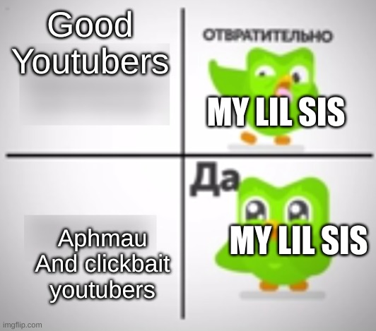 I don't like aphmau (Apologies to all the Aphmau fans out there) | Good Youtubers; MY LIL SIS; Aphmau And clickbait youtubers; MY LIL SIS | image tagged in drake hotline bling duolingo version | made w/ Imgflip meme maker