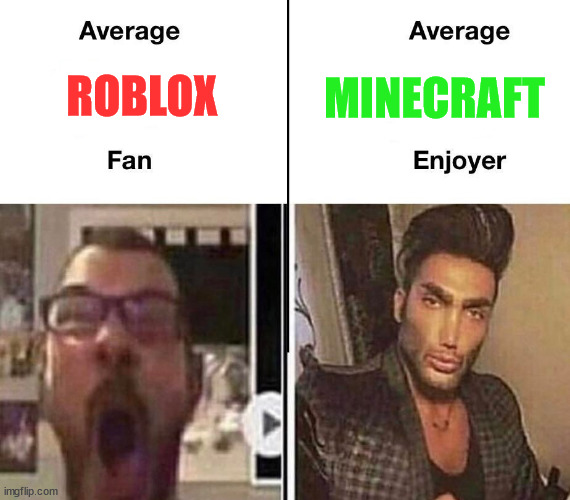 roblox fan vs minecraft enjoyer | ROBLOX; MINECRAFT | image tagged in average fan vs average enjoyer | made w/ Imgflip meme maker
