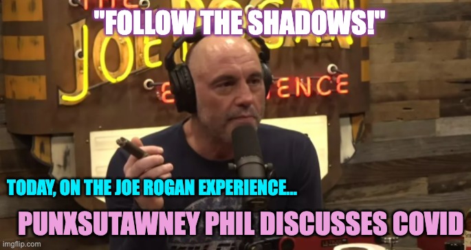 Follow The Shadows! Joe Rogan and Punxsutawney Phil Groundhog day podcast | "FOLLOW THE SHADOWS!"; PUNXSUTAWNEY PHIL DISCUSSES COVID; TODAY, ON THE JOE ROGAN EXPERIENCE... | image tagged in satire | made w/ Imgflip meme maker