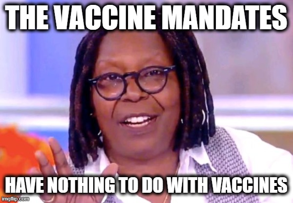 Whoopi Goldberg | THE VACCINE MANDATES HAVE NOTHING TO DO WITH VACCINES | image tagged in whoopi goldberg | made w/ Imgflip meme maker