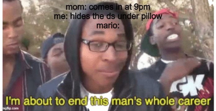 mario how could you | mom: comes in at 9pm
me: hides the ds under pillow
mario: | image tagged in i'm gonna end this man's whole career | made w/ Imgflip meme maker