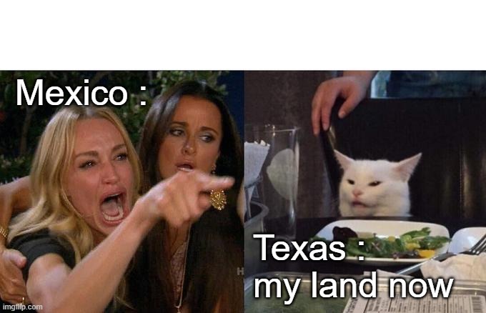 mexico vs texas | Mexico :; Texas : my land now | image tagged in memes,woman yelling at cat | made w/ Imgflip meme maker