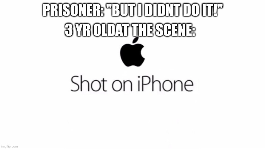 Shot on iPhone | 3 YR OLDAT THE SCENE:; PRISONER: "BUT I DIDNT DO IT!" | image tagged in shot on iphone | made w/ Imgflip meme maker