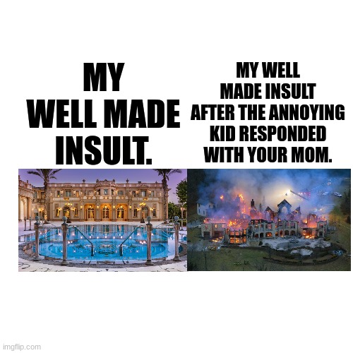 insult. | MY WELL MADE INSULT. MY WELL MADE INSULT AFTER THE ANNOYING KID RESPONDED WITH YOUR MOM. | image tagged in memes,blank transparent square | made w/ Imgflip meme maker