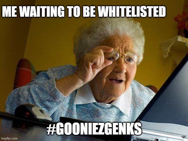 tere | ME WAITING TO BE WHITELISTED; #GOONIEZGENKS | image tagged in memes,grandma finds the internet | made w/ Imgflip meme maker