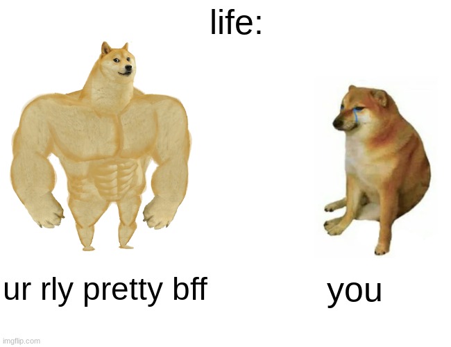 Buff Doge vs. Cheems | life:; ur rly pretty bff; you | image tagged in memes,buff doge vs cheems | made w/ Imgflip meme maker