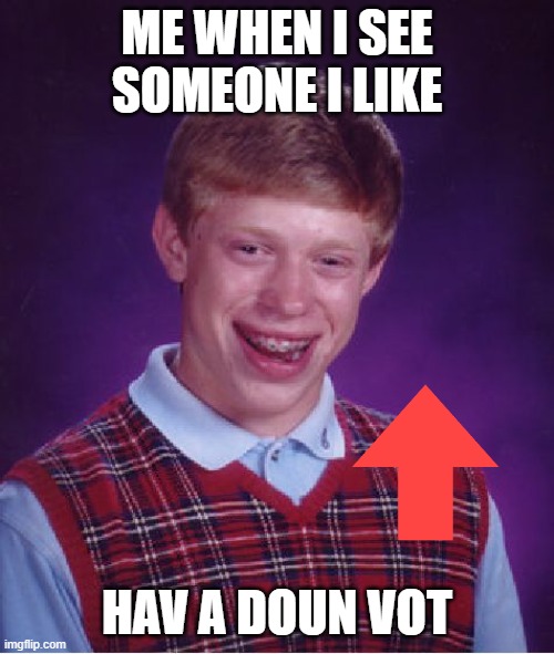 Bad Luck Brian Meme | ME WHEN I SEE SOMEONE I LIKE; HAV A DOUN VOT | image tagged in memes,bad luck brian | made w/ Imgflip meme maker