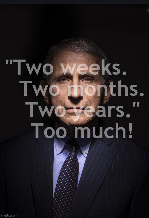 Darth Fauci | "Two weeks.   
  Two months.
  Two years."
  Too much! | image tagged in fauci,two weeks,vaccine skepticism,lockdown,tyranny,no new normal | made w/ Imgflip meme maker