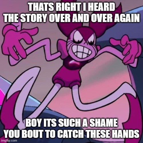 Spidel Chose Violence | THATS RIGHT I HEARD THE STORY OVER AND OVER AGAIN; BOY ITS SUCH A SHAME YOU BOUT TO CATCH THESE HANDS | image tagged in steven universe | made w/ Imgflip meme maker