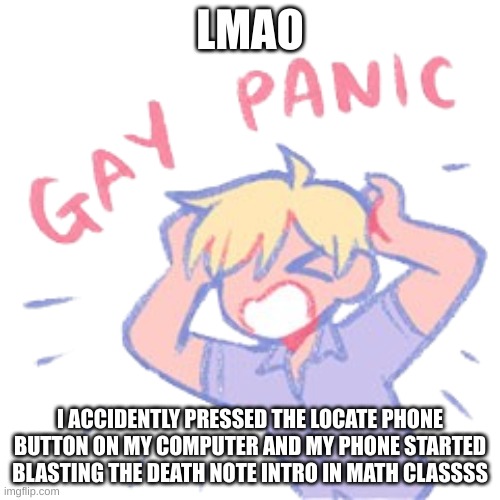 the second intro, the heavy metal one | LMAO; I ACCIDENTLY PRESSED THE LOCATE PHONE BUTTON ON MY COMPUTER AND MY PHONE STARTED BLASTING THE DEATH NOTE INTRO IN MATH CLASSSS | image tagged in gay panic | made w/ Imgflip meme maker