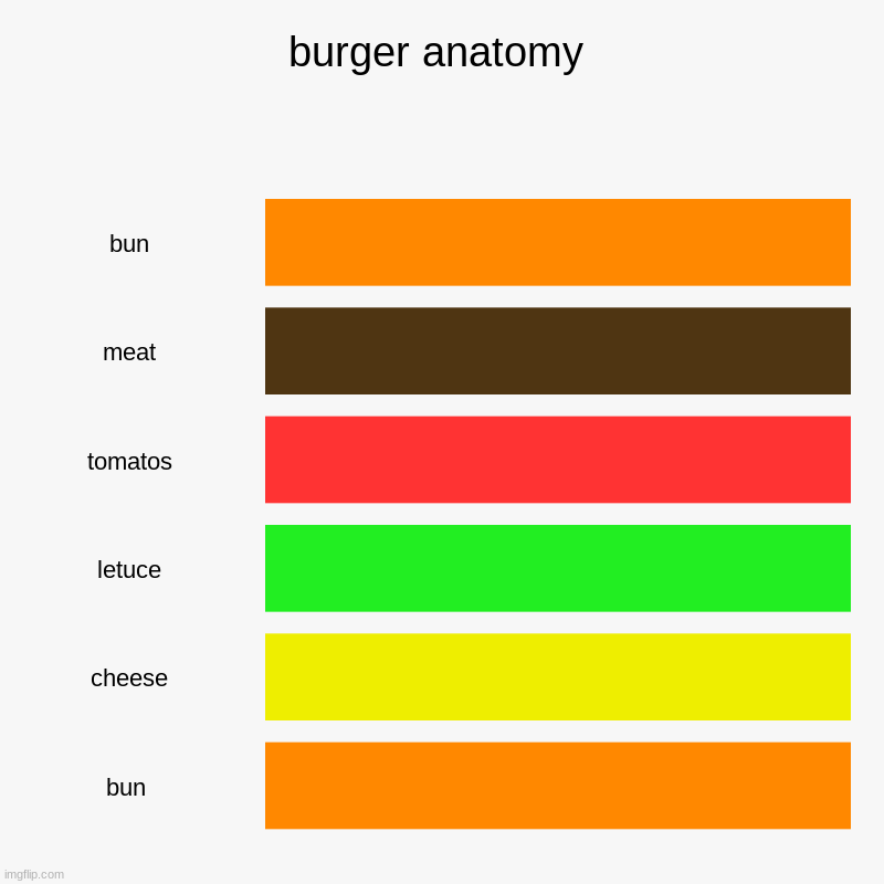 burger anatomy | bun, meat, tomatos, letuce, cheese, bun | image tagged in charts,bar charts | made w/ Imgflip chart maker