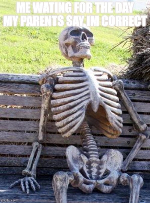 12 years, 8 months, and 14 hours, but who's counting? | ME WATING FOR THE DAY MY PARENTS SAY IM CORRECT | image tagged in memes,waiting skeleton | made w/ Imgflip meme maker