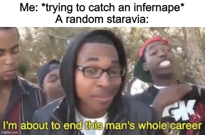 I’m about to end this man’s whole career | Me: *trying to catch an infernape*
A random staravia: | image tagged in i m about to end this man s whole career | made w/ Imgflip meme maker