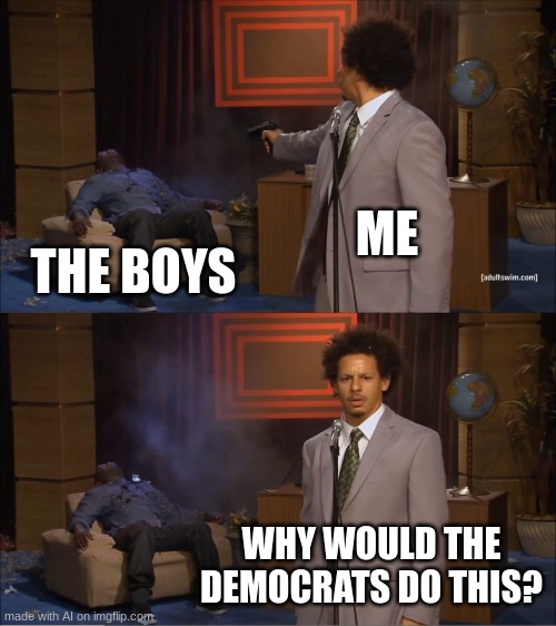 i asked an ai to make a meme | ME; THE BOYS; WHY WOULD THE DEMOCRATS DO THIS? | image tagged in memes,who killed hannibal | made w/ Imgflip meme maker