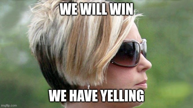 WE WILL WIN WE HAVE YELLING | image tagged in karen | made w/ Imgflip meme maker