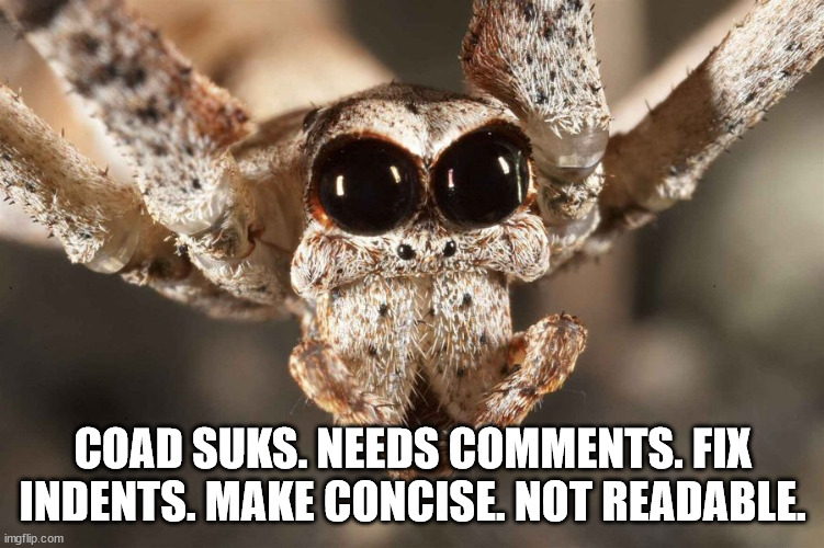 Critical bug | COAD SUKS. NEEDS COMMENTS. FIX INDENTS. MAKE CONCISE. NOT READABLE. | image tagged in software,bugs | made w/ Imgflip meme maker