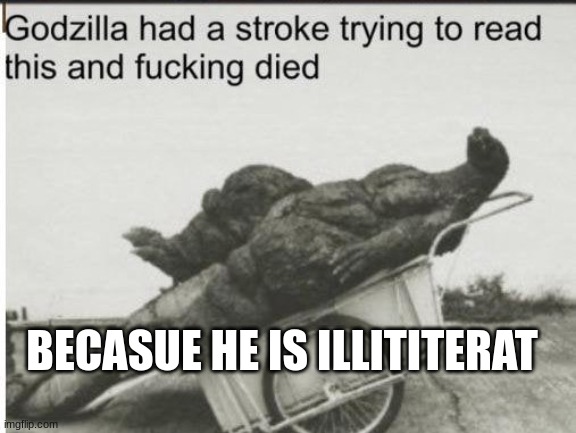 Godzilla | BECASUE HE IS ILLITITERAT | image tagged in godzilla | made w/ Imgflip meme maker