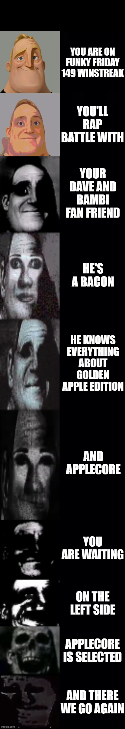 mr incredible becoming uncanny | YOU ARE ON FUNKY FRIDAY 149 WINSTREAK; YOU'LL RAP BATTLE WITH; YOUR DAVE AND BAMBI FAN FRIEND; HE'S A BACON; HE KNOWS EVERYTHING ABOUT GOLDEN APPLE EDITION; AND APPLECORE; YOU ARE WAITING; ON THE LEFT SIDE; APPLECORE IS SELECTED; AND THERE WE GO AGAIN | image tagged in mr incredible becoming uncanny | made w/ Imgflip meme maker