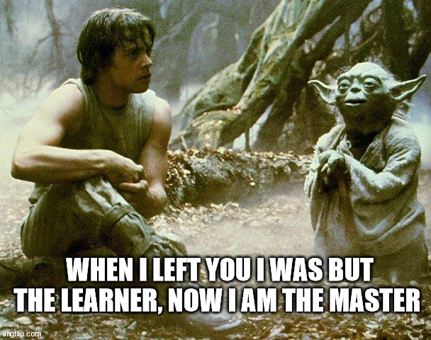 Dagobah, Luke and Yoda | WHEN I LEFT YOU I WAS BUT THE LEARNER, NOW I AM THE MASTER | image tagged in dagobah luke and yoda | made w/ Imgflip meme maker