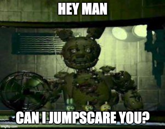 Fnaf be like: | HEY MAN; CAN I JUMPSCARE YOU? | image tagged in fnaf springtrap in window | made w/ Imgflip meme maker
