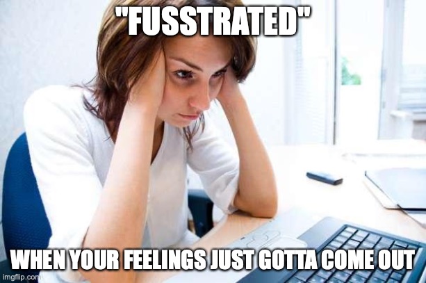 Frustrated at Computer | "FUSSTRATED"; WHEN YOUR FEELINGS JUST GOTTA COME OUT | image tagged in frustrated at computer | made w/ Imgflip meme maker